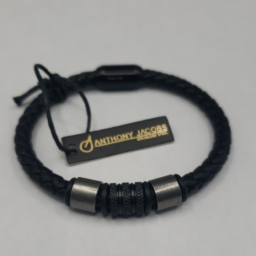 Anthony Jacobs Black Leather Braided Bracelet with Stainless Accents